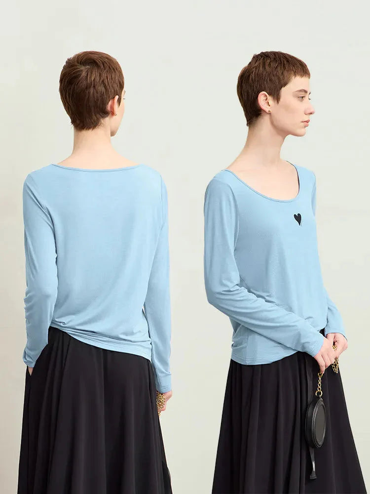 U-Neck Contrast Print Tee Long Sleeve Cotton Basic