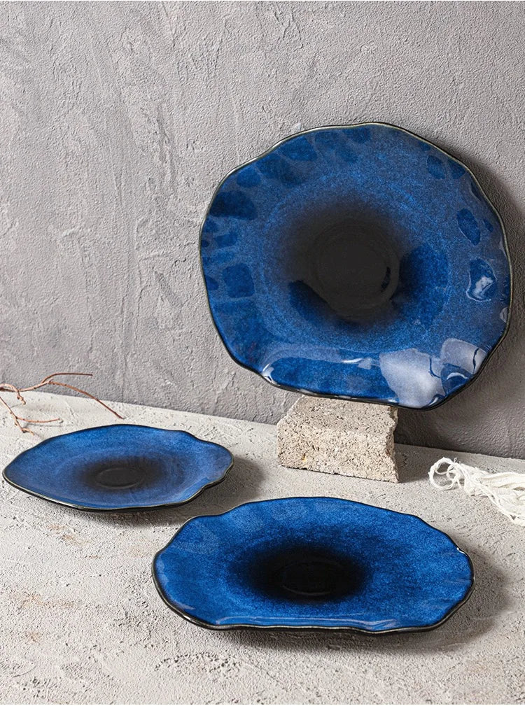 1PCS Cat Eye Blue Color NEW Japanese Ceramic Food Dish Flat Plate Pottery Irregular Dish Dinnerware Steak Display Dish