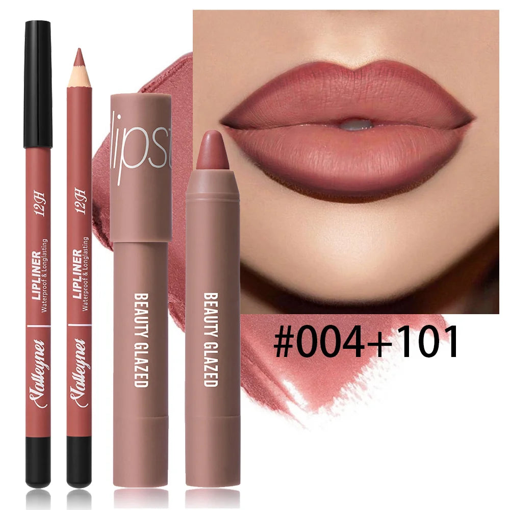 2Pcs/Set Lipliner + Lipstick Matte Waterproof Long-Lasting Lip Color Set - Lip Liner + Moisturizing Lipstick Cosmetics