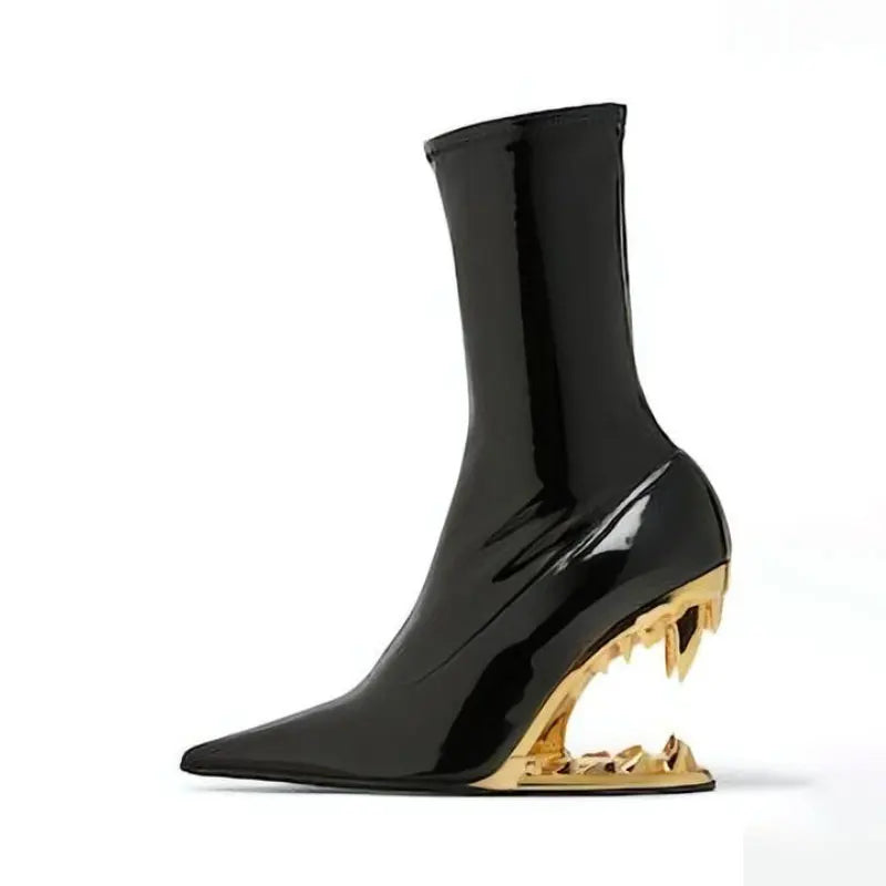 Women's New Pointed Patent Leather Tiger Teeth Slope Heel Fashion Elastic and Calf Short Boots