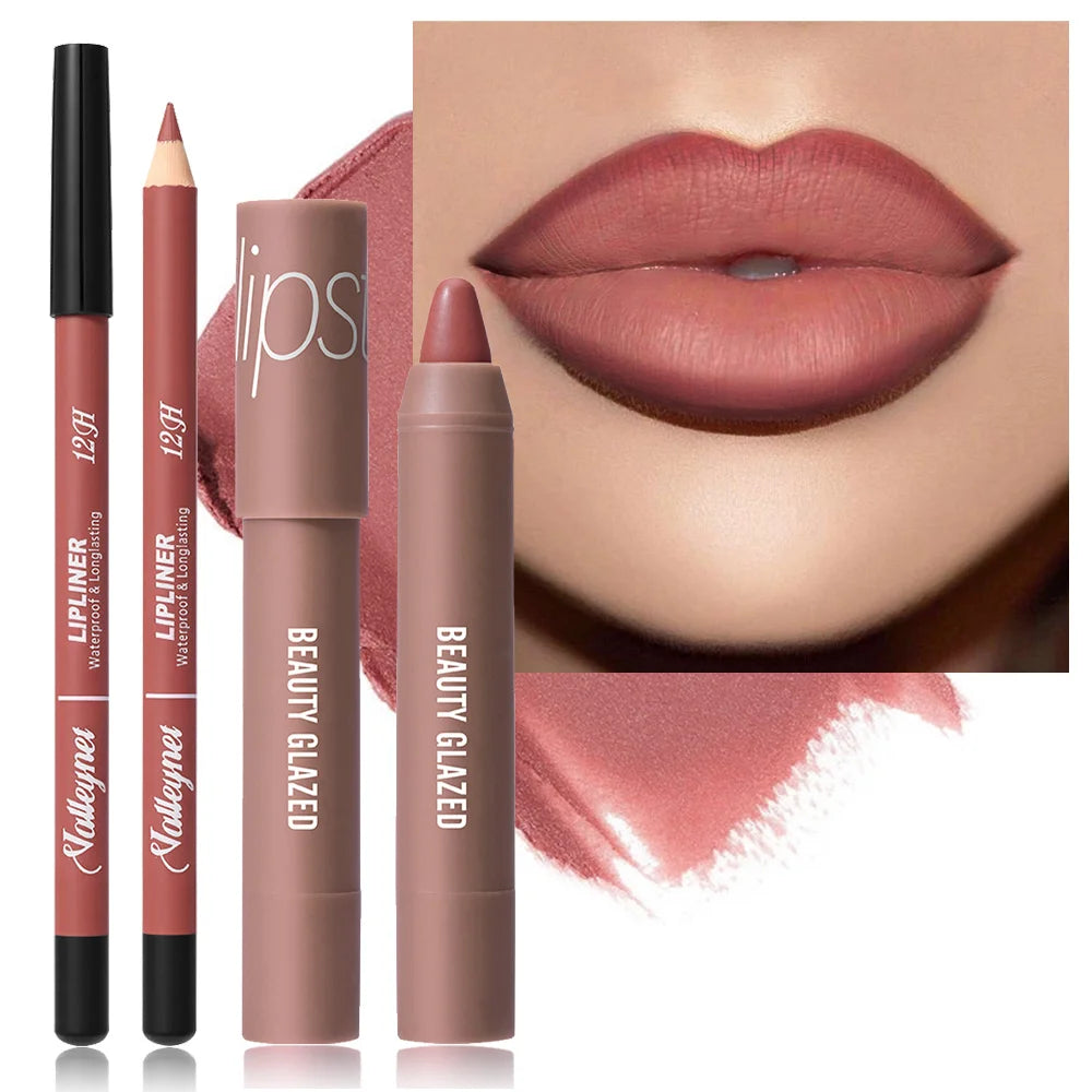 2Pcs/Set Lipliner + Lipstick Matte Waterproof Long-Lasting Lip Color Set - Lip Liner + Moisturizing Lipstick Cosmetics