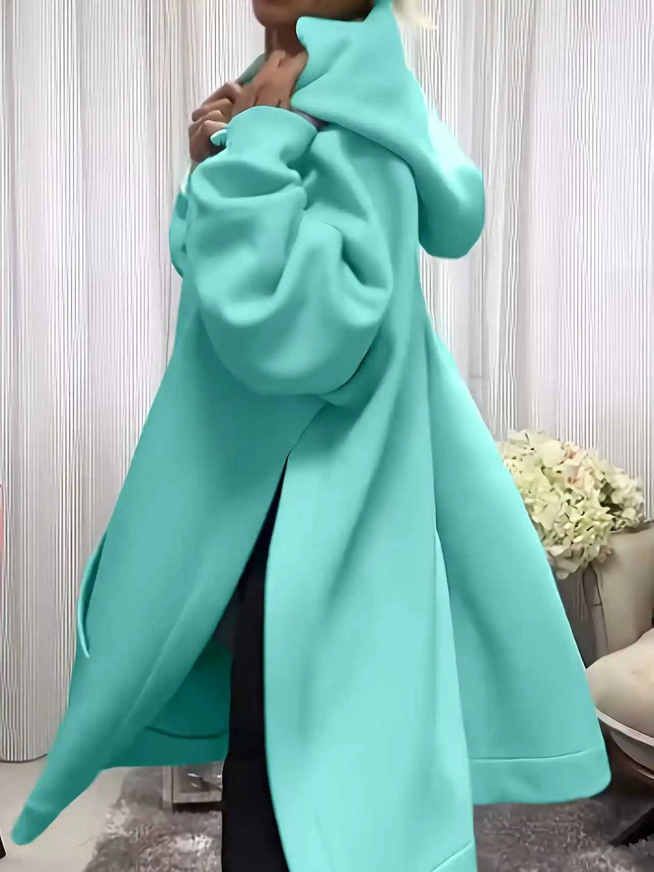 Plus size long sleeve solid color side slit mid-length women's casual pullover hoodie