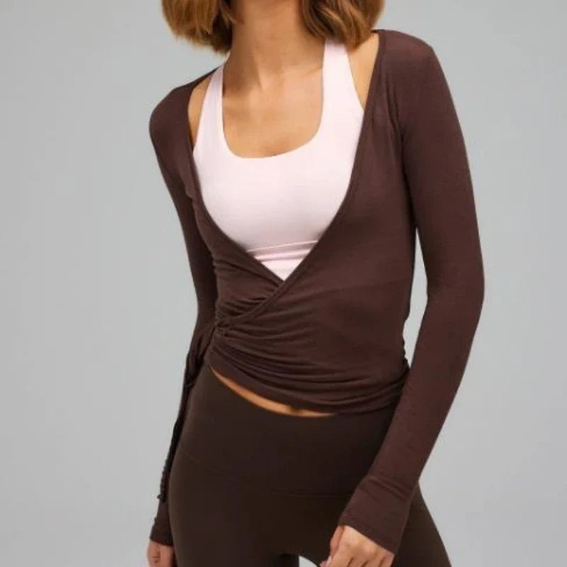 Women Cross Wrap Tie Crop Tops Yoga Shirts Long Sleeve Deep V Neck Solid Color Slim Fit Shirts Ladies Yoga Workout Blouses Tees
