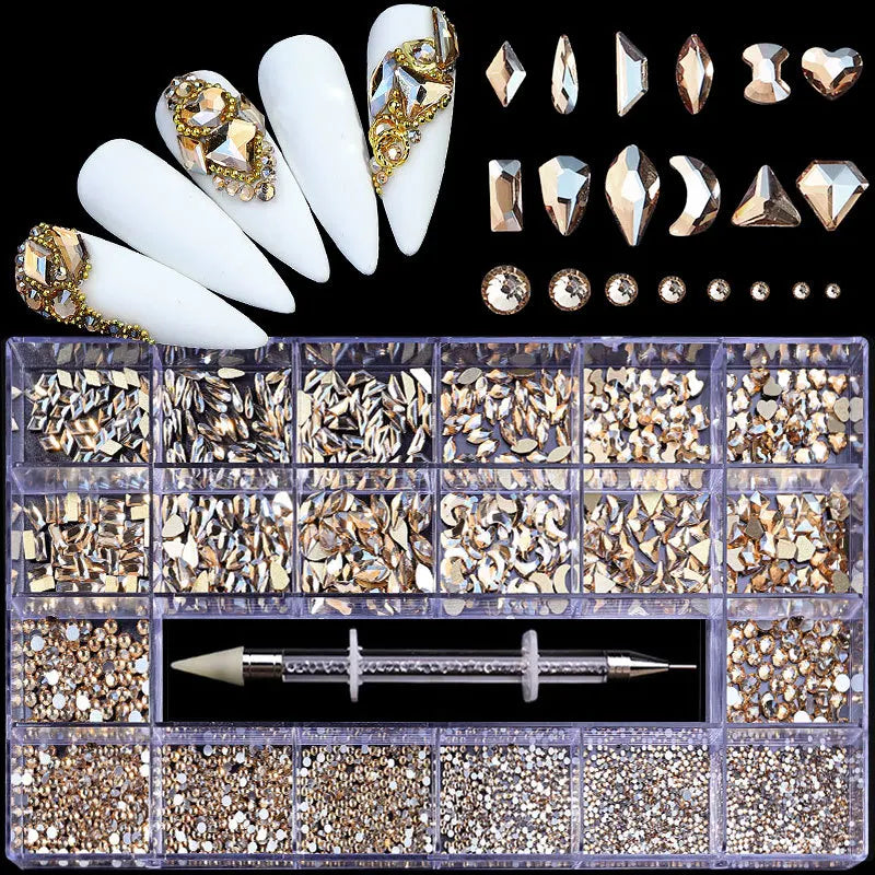 2500pcs Glass Crystal Diamond Flat Bottom Rhinestones Nail Art Decorations 21 Grid Box Nails Accessories Set With 1 Pick Up Pen