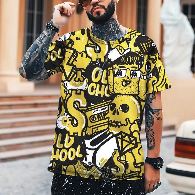 New Fun Graffiti Street T-shirt 3D Printed Men's Hip Hop Summer Cool Tee shirt Casual Youth Popular Personality Short Sleeve Top