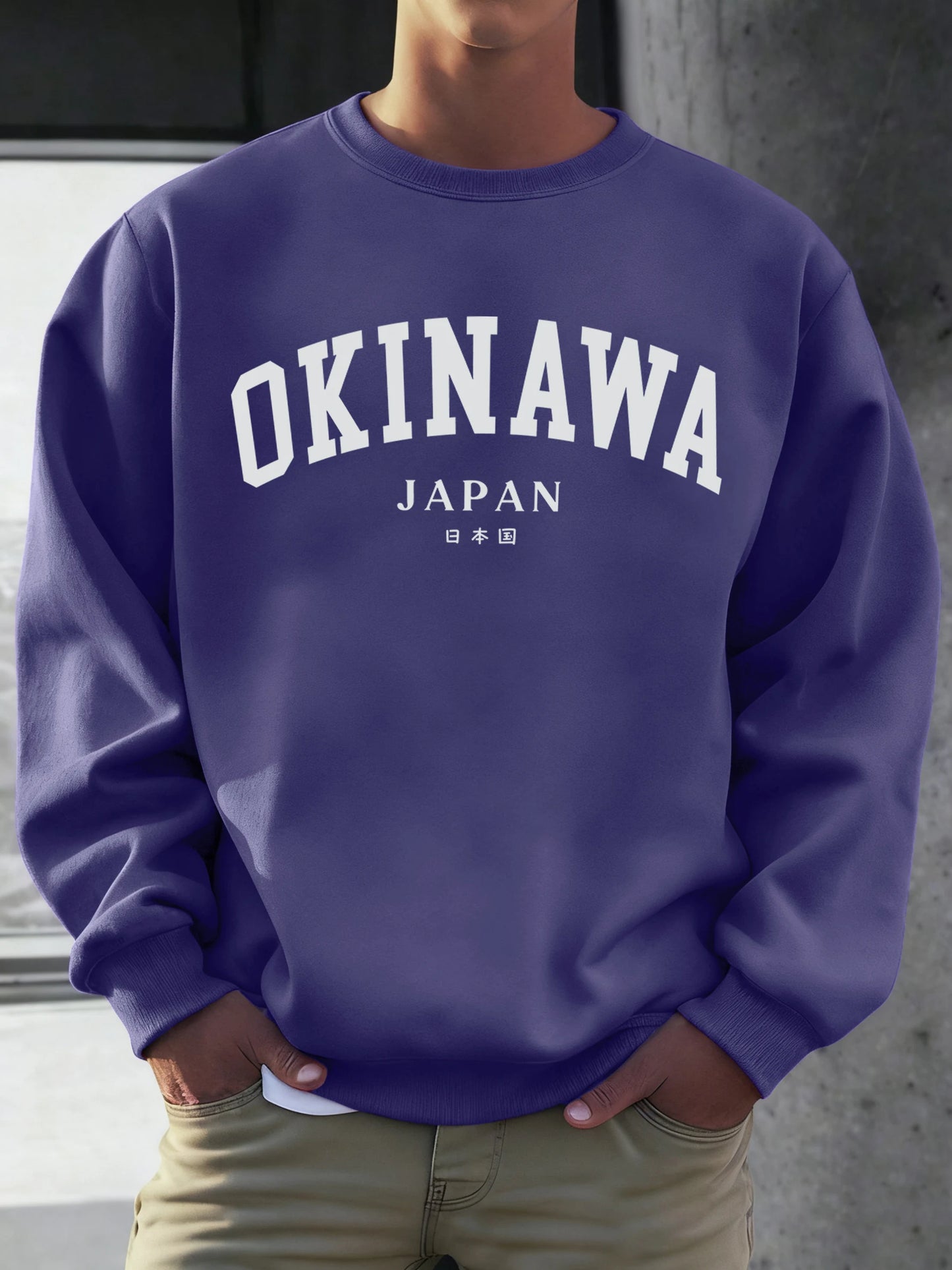 Okinawa Japan Letter Printed Male Sweatshirt Hip Hop Simple Long Sleeve Fleece Trendy Pullovers Unisex Loose All-Match Clothes