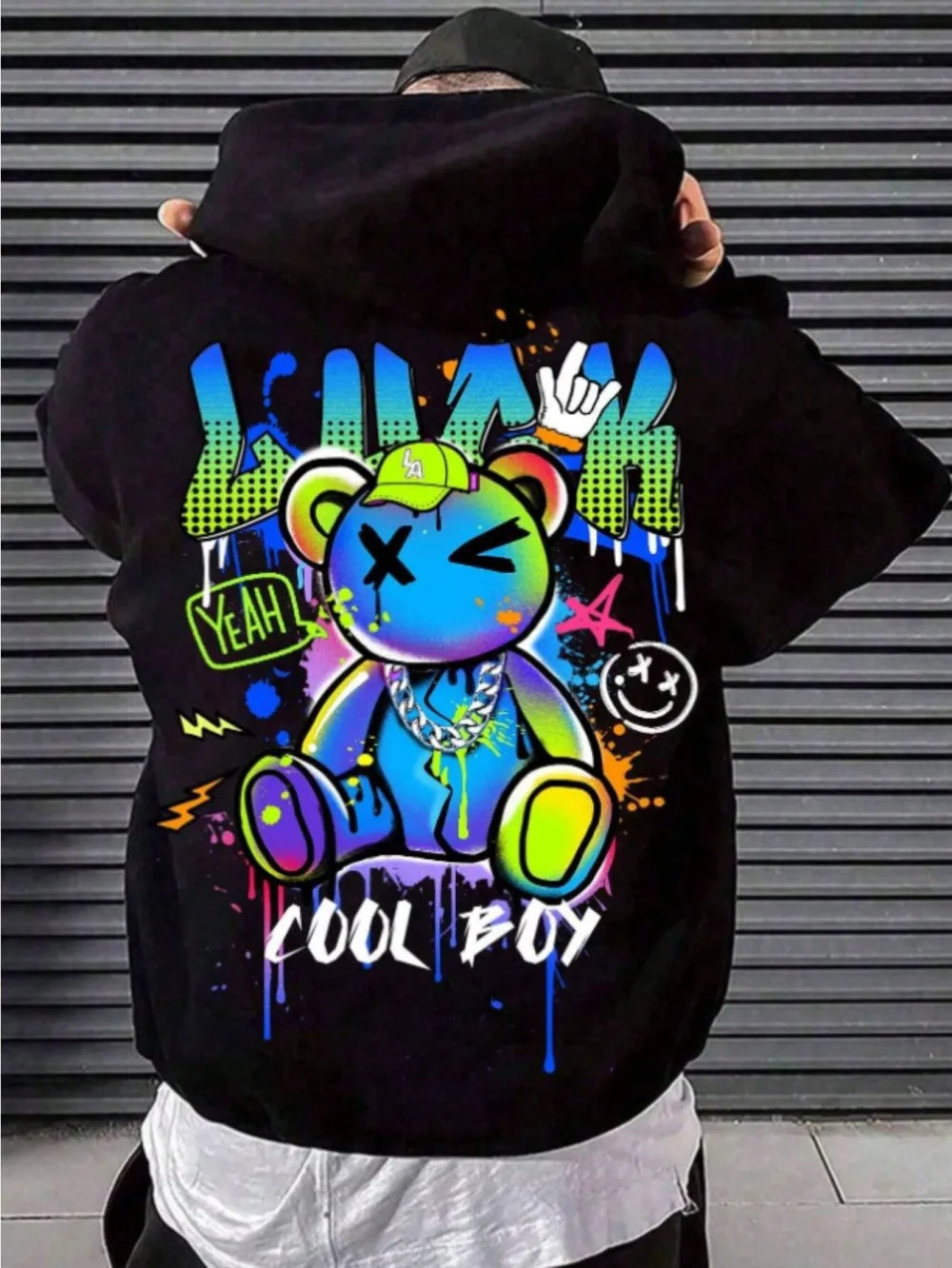 European and American men's autumn teddy bear graffiti print micro elastic comfortable hooded sweatshirt outdoor street top