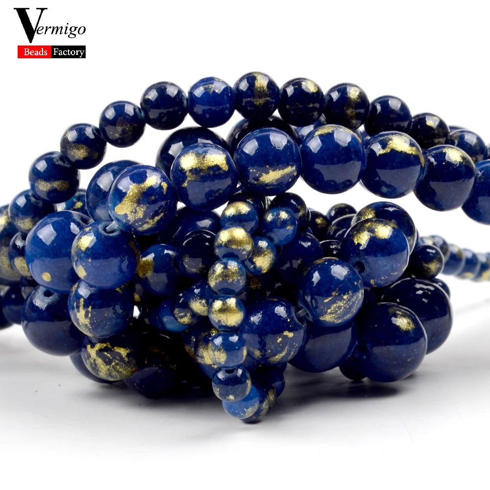 4/6/8/10mm Dark Blue Golden Silk Jade Stone Beads Round Loose Spacer Beads For Jewelry Making Diy Bracelet 15"
