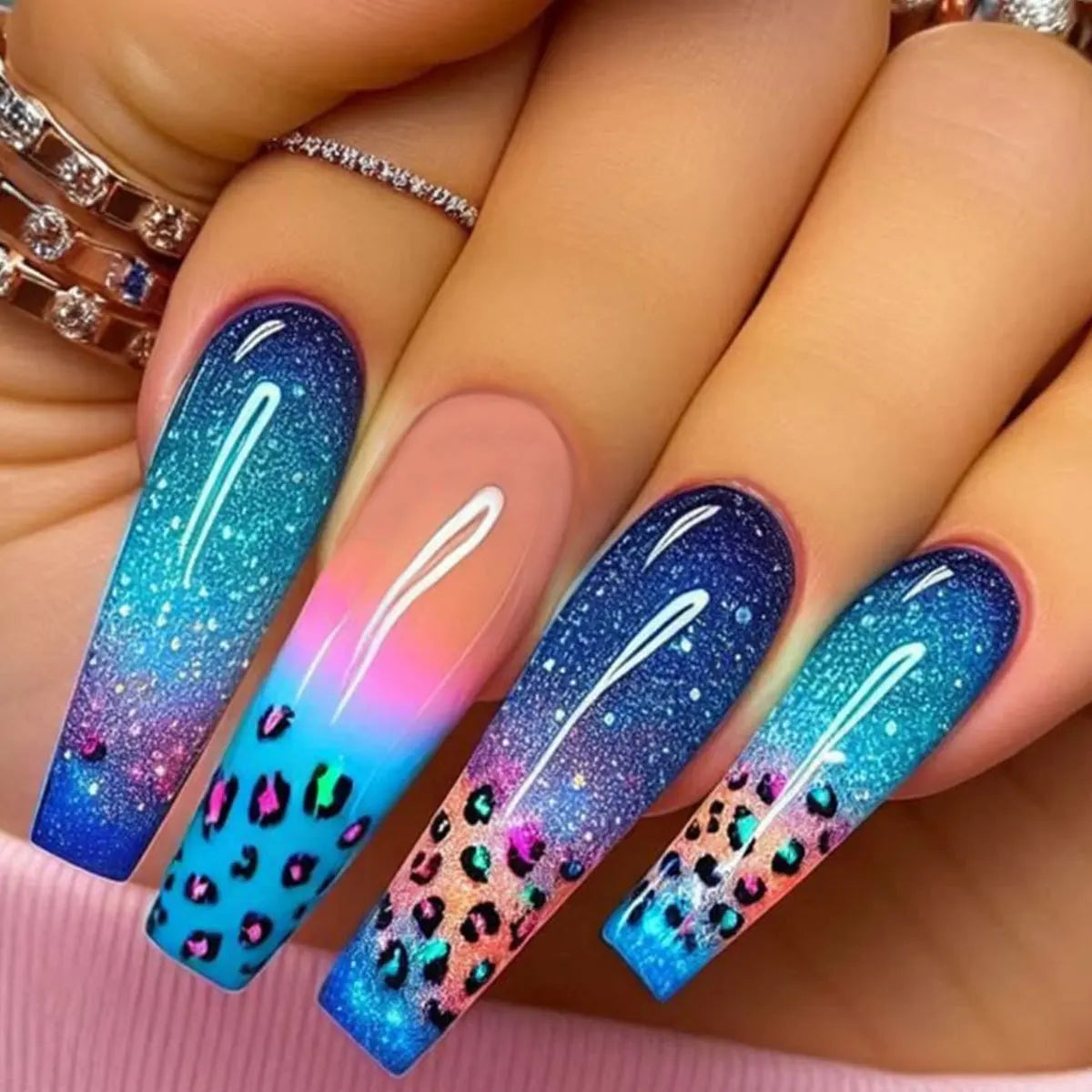 Medium long fake nails for women girls Y2K colorful gradient leopard print Pink green coffee coffin tips press on false nail set