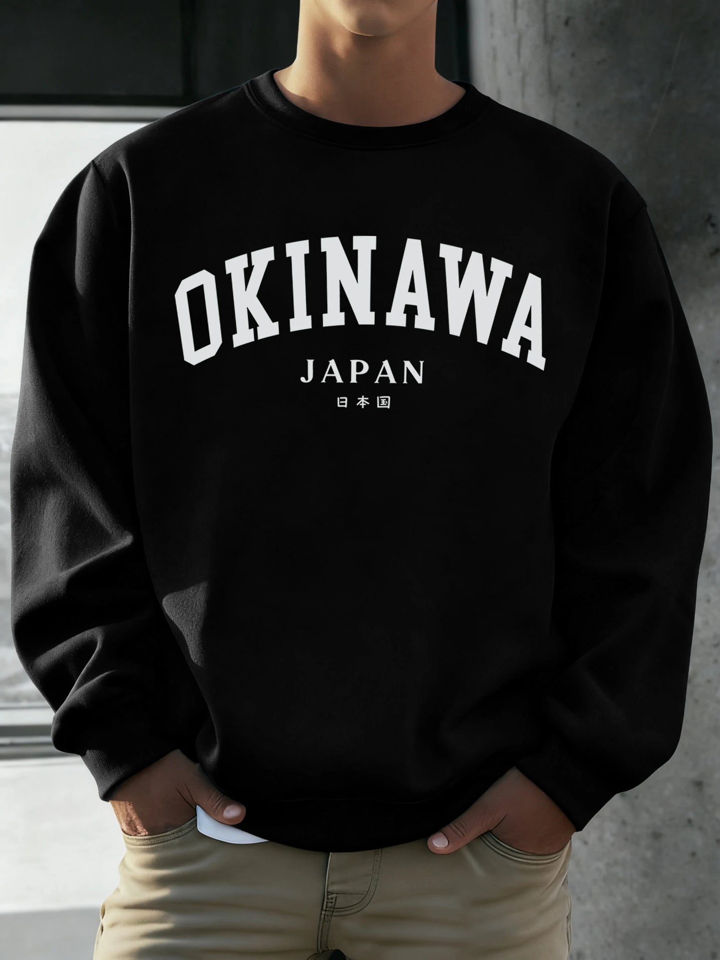 Okinawa Japan Letter Printed Male Sweatshirt Hip Hop Simple Long Sleeve Fleece Trendy Pullovers Unisex Loose All-Match Clothes