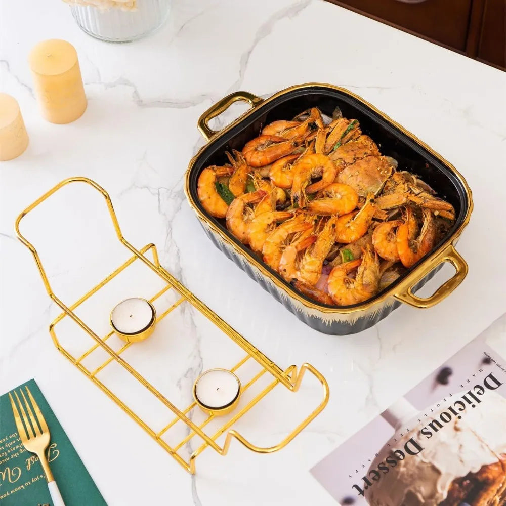 3 Piece Set Ceramic Chafing Dishes Buffet Set, Luxury Black Ceramics Chafer with Gold Trim, Chafer and Buffet Warmer Set
