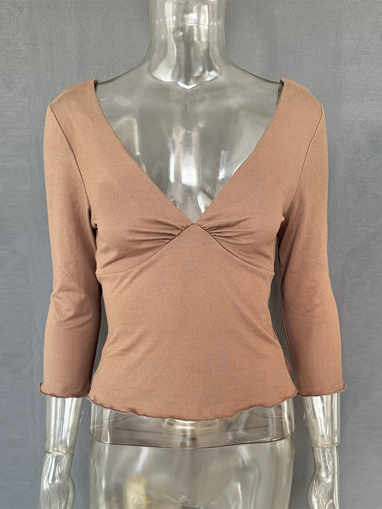 Trendix V Neck Slim Long Sleeve Tops Women 2026 Spring Casual Vintage Bodycon Pullover Top Party Retro Office Basic Backless Top