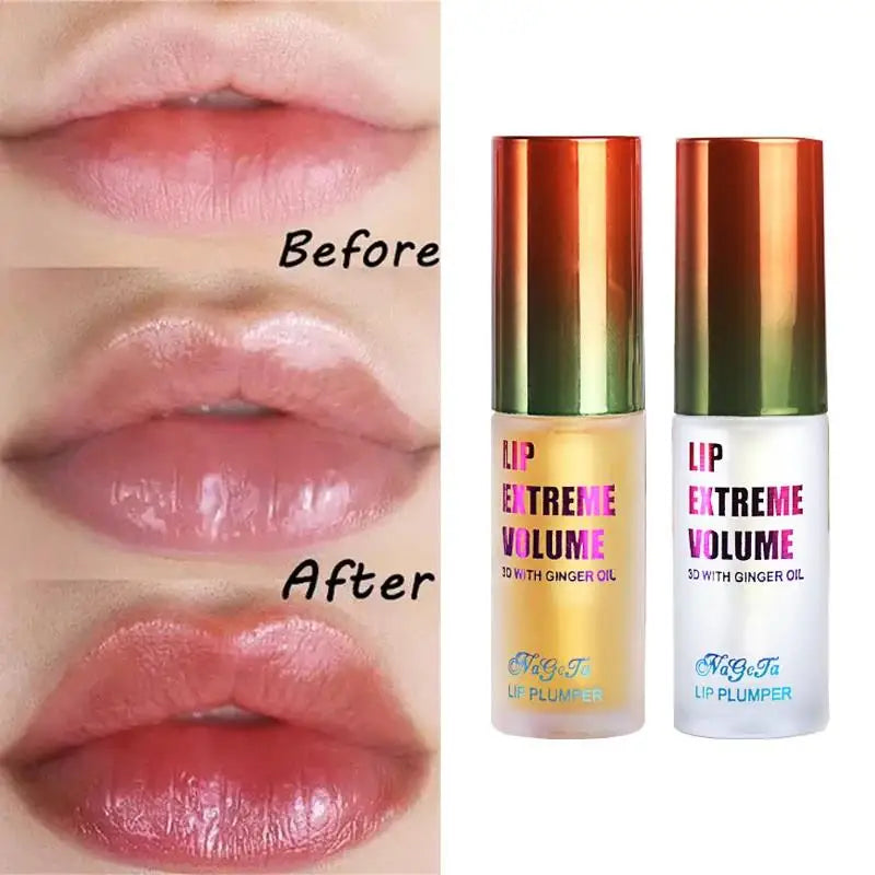 Before and after comparison of lips with a lip plumper product shown.