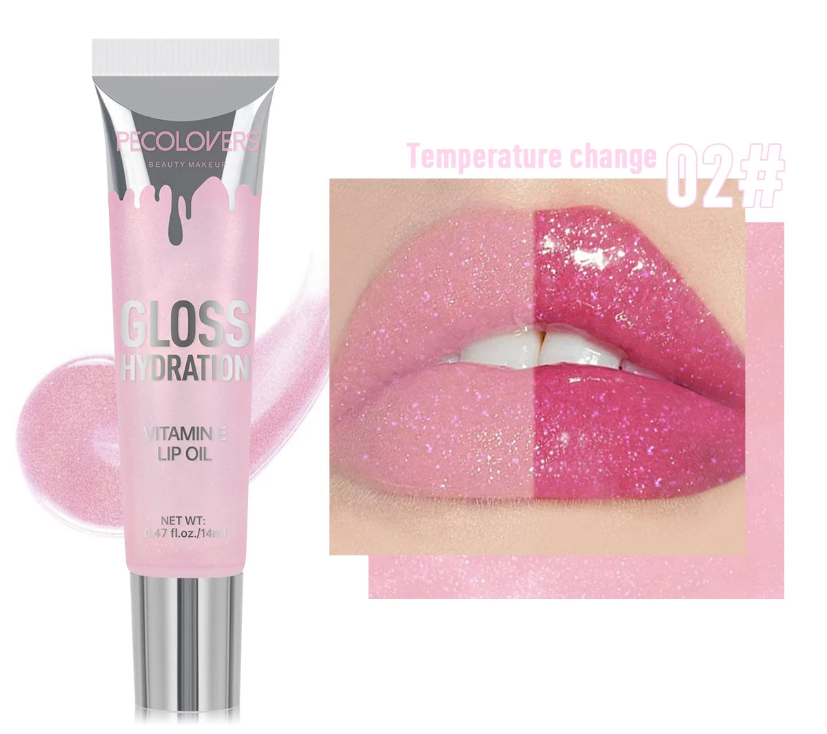 PecoLovers lip gloss with a close-up of lips wearing the product