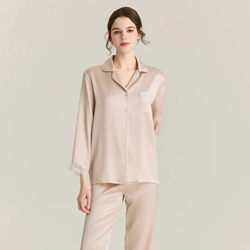 100% Real Silk Pajamas Set with Lace Trim Women's Sleepwear