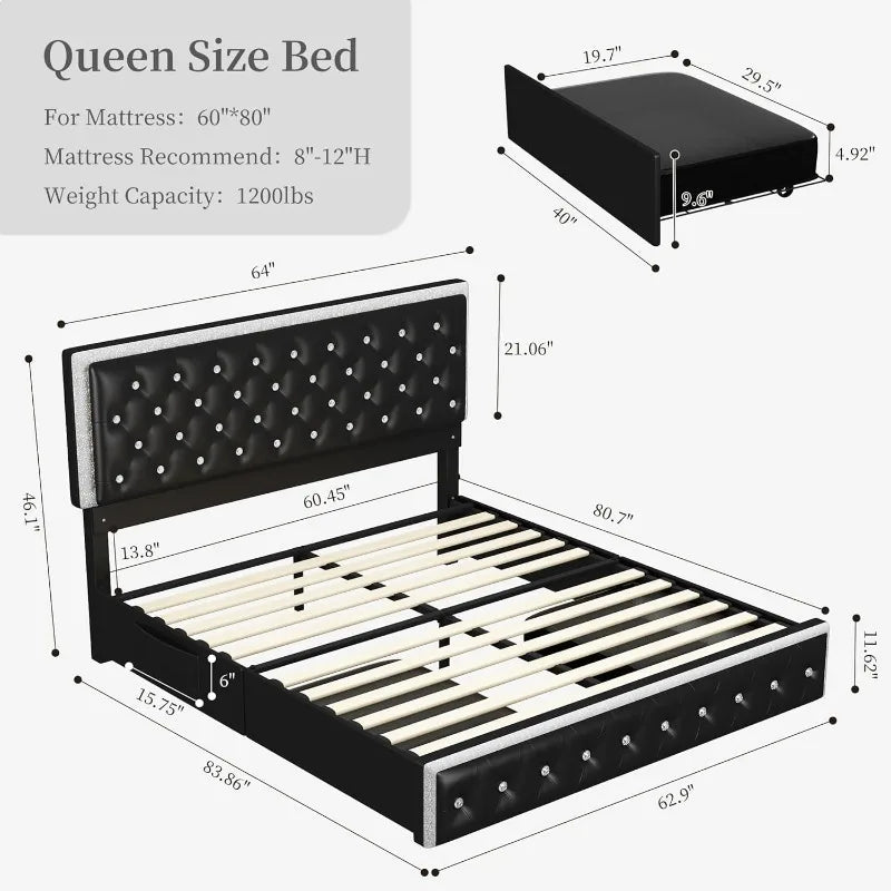 LED Bed Frame with 2 Drawers, Storage Platform Beds with Upholstered Crystal Button Tufted Headboard Footboard, 2 Side