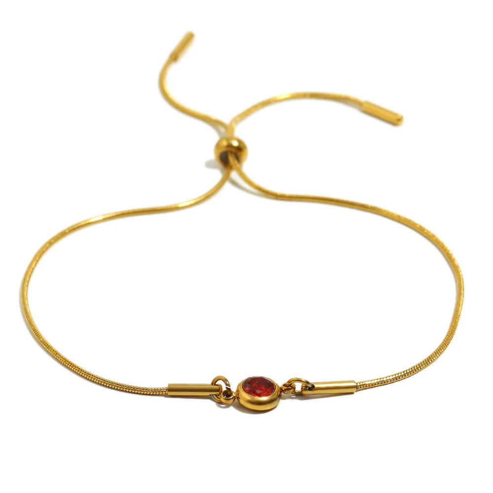 E.B.belle Colorful Round Zircon Birthstone Snake Chain Adjustable Bracelet Chain Gold Plated Stainless Steel Women Chic Jewelry