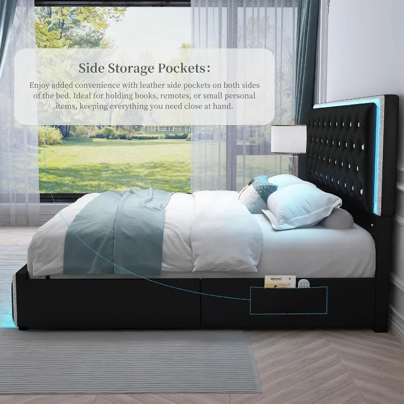 LED Bed Frame with 2 Drawers, Storage Platform Beds with Upholstered Crystal Button Tufted Headboard Footboard, 2 Side