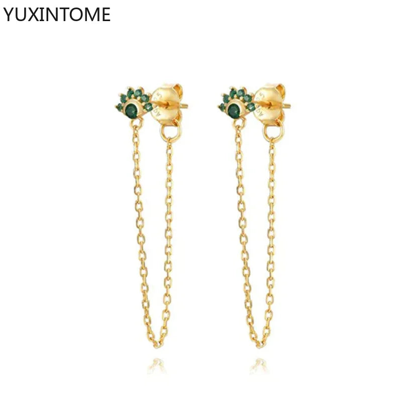 925 Sterling Silver Ear Needle Green Zircon Stud Earrings for Women Luxury Long Chain Geometric Gold Earrings Fashion Jewelry
