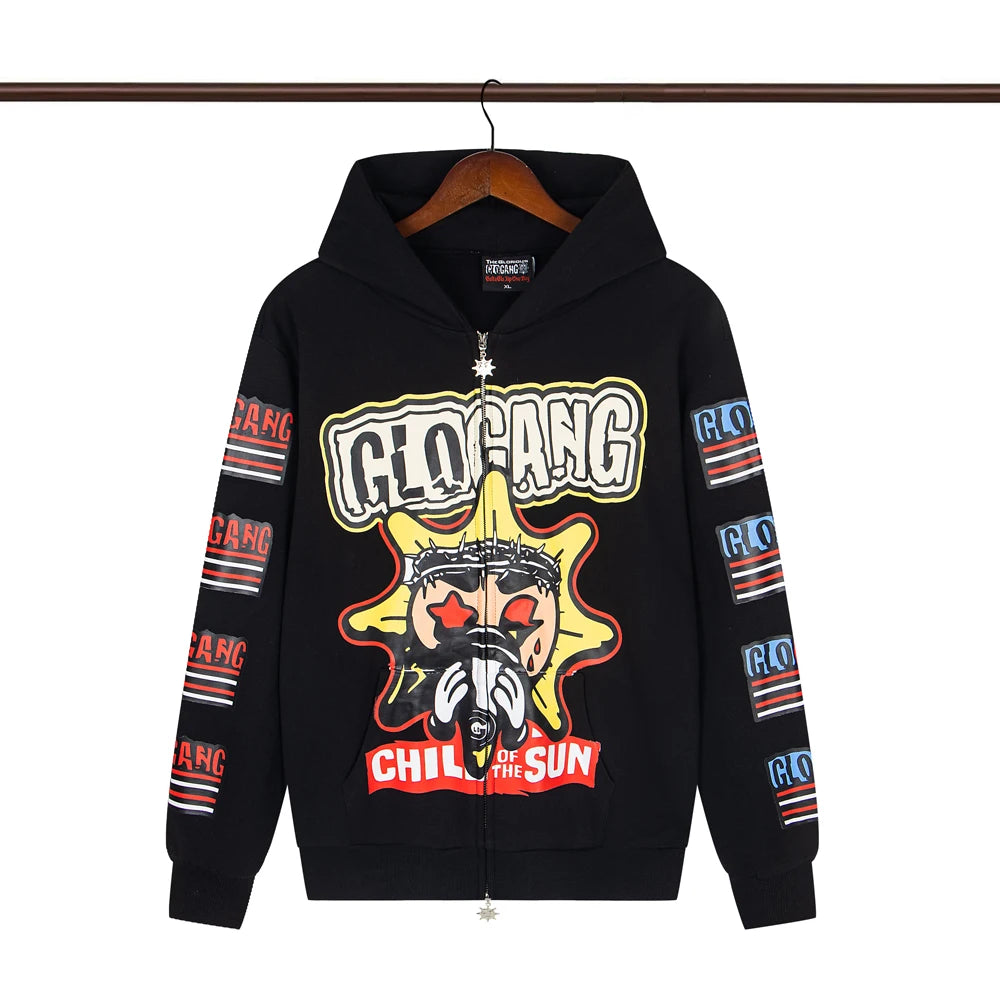 Glo Gang Eroded Glo Thermal embroidery printing Hoodie Men Women High Quality Oversized black full zip Hooded
