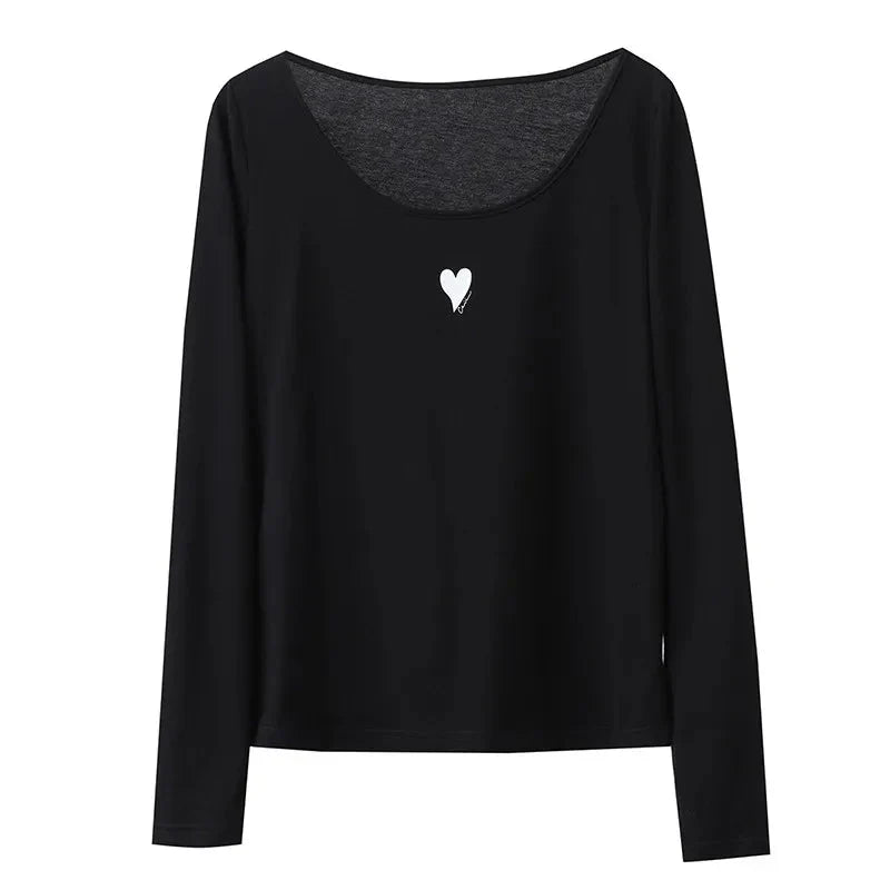 U-Neck Contrast Print Tee Long Sleeve Cotton Basic