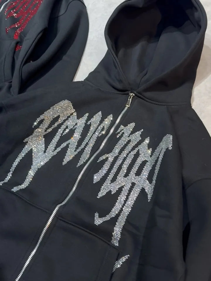 Rhinestone Gothic Hoodie Unisex Black Zip Up Sweatshirt Crystal Filled Letter Print Red White Color Men Streetwear Hip Hop Top
