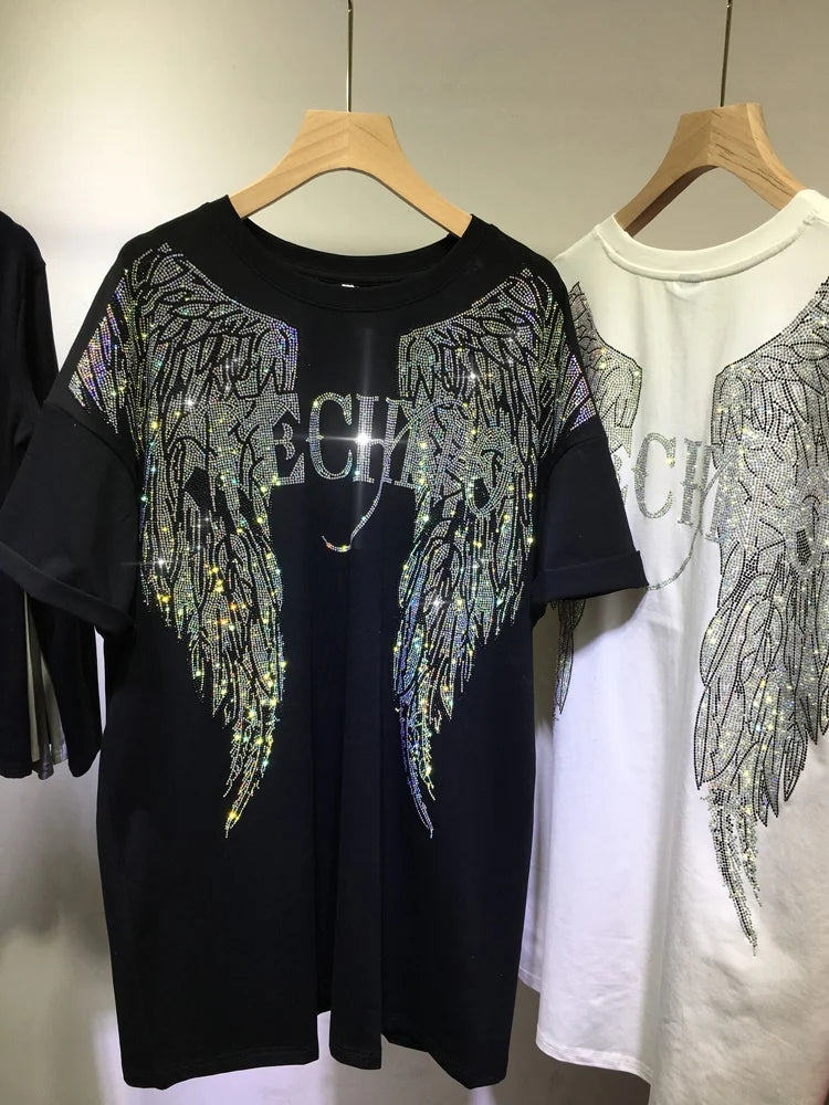 L-4XL Oversize Rhinestone Angel Wings Harley T-Shirt Clothing for Women Men Hip Hop Streetwear Loose Short Sleeve Brand T-shirt