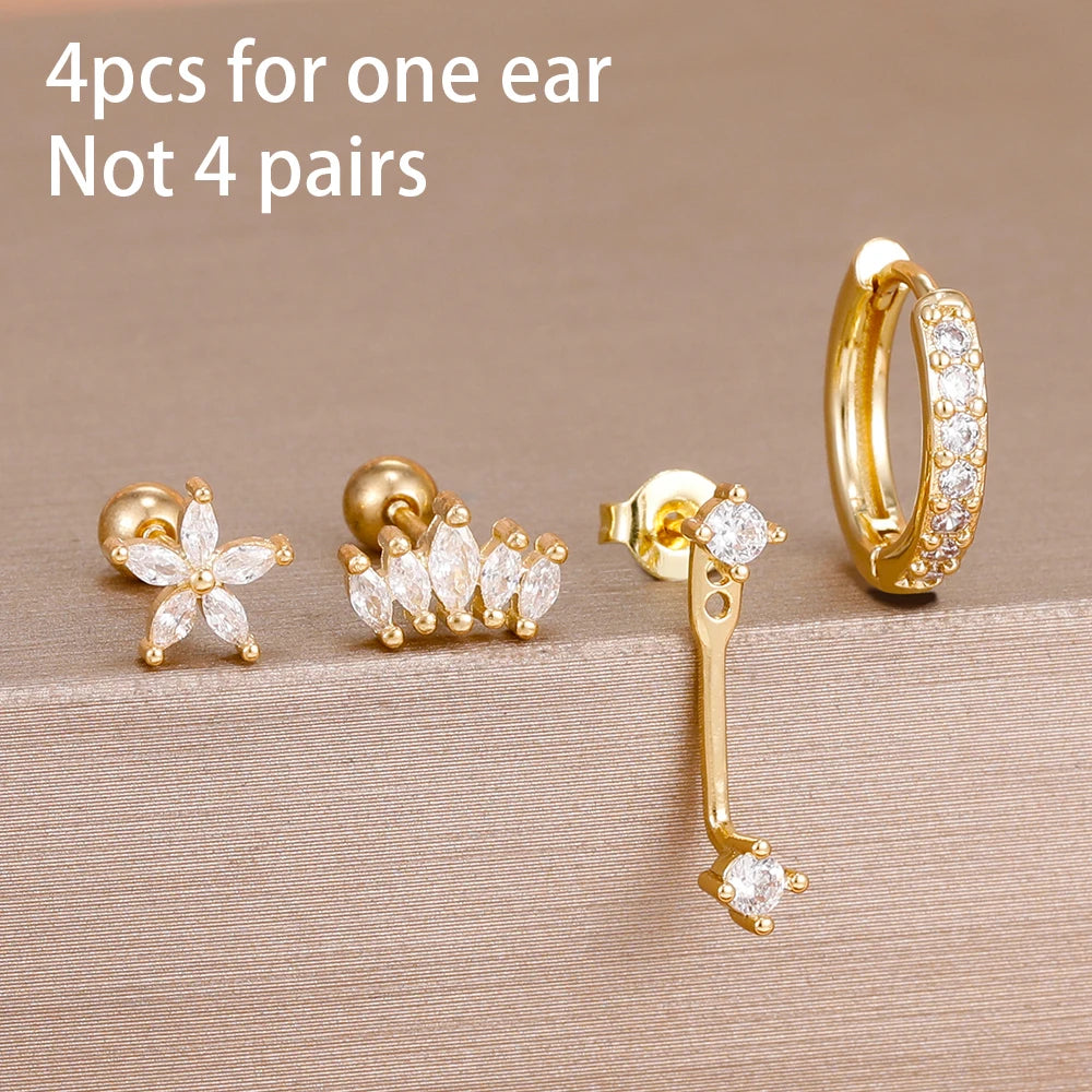 4pcs Stainless Steel Zircon Water Drop Earrings Set