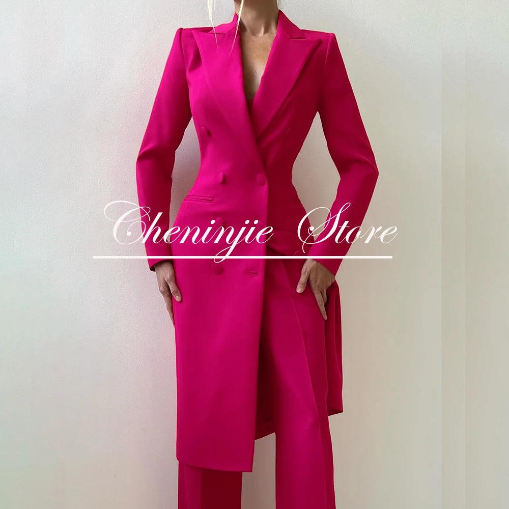 Customized Elegant Slim Fit Women's Suits 2 Piece Blazer Double Breasted Peak Lapel Long Jacket Pants Sets Fashion Clothing 2025