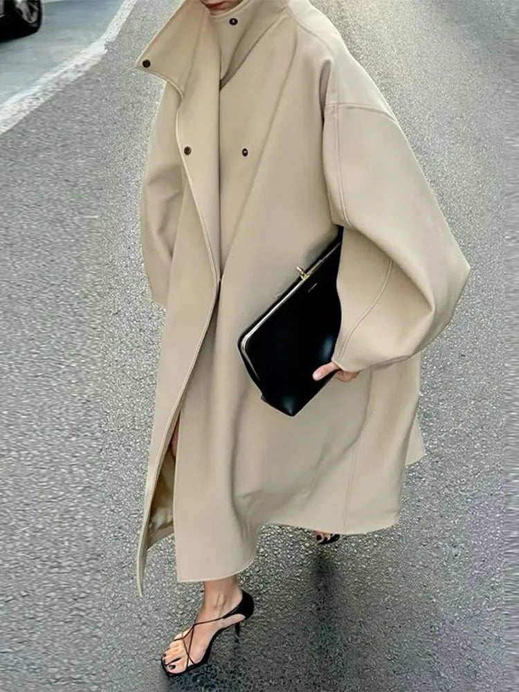 Women's Elegant Faux Suede Long Jacket Stand Collar Bat Sleeve Solid Overcoat Outwears 2025 Autumn Winter Female Streetwears
