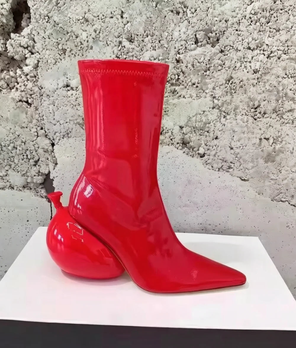 Glossy Red Patent Leather Pointed-Toe Ankle Boots Unique Balloon Heels Design High-Fashion Style for Runway & Artistic Ensembles