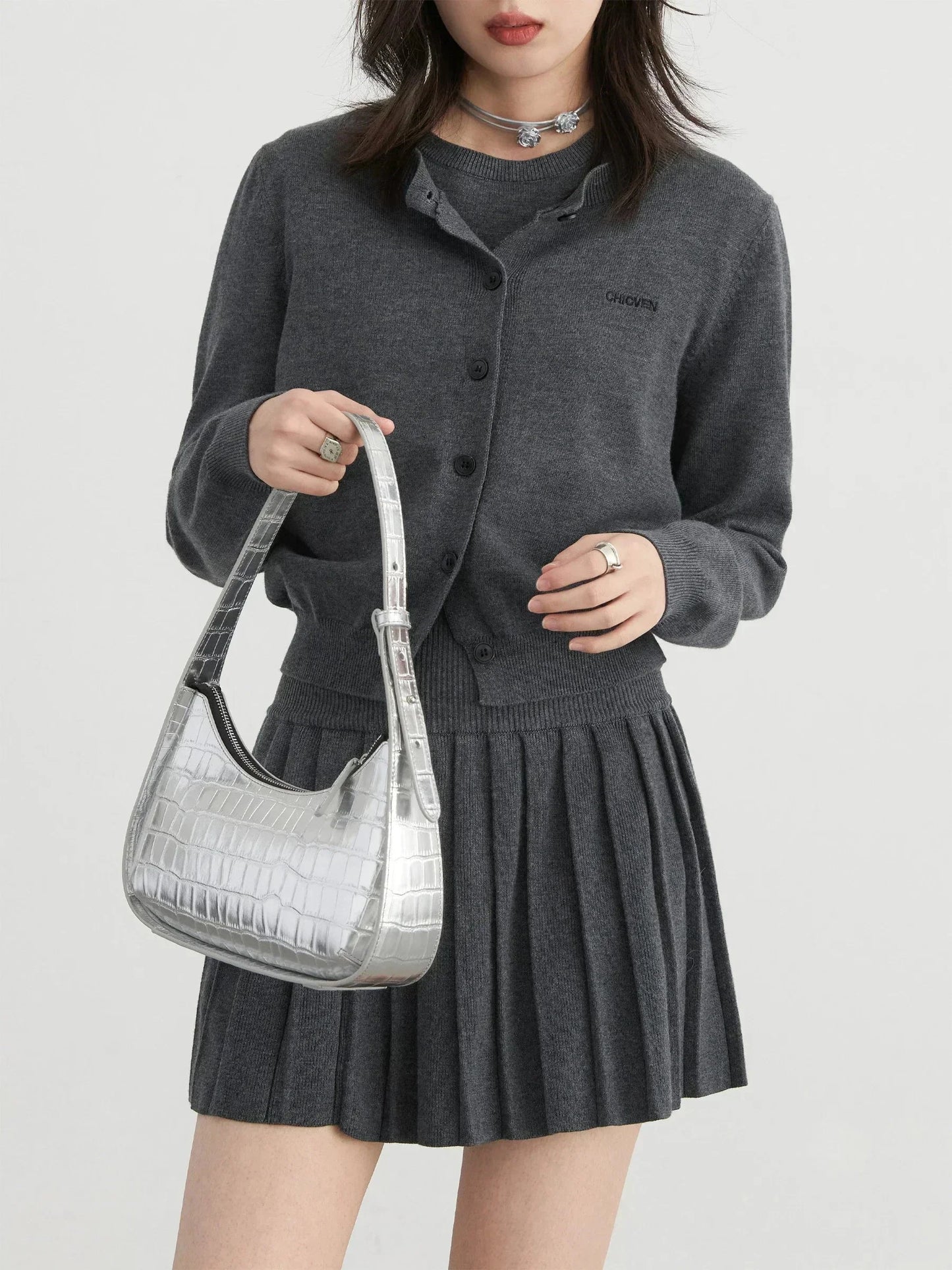 Women’s 3-Piece Knitted Skirt Set Pleated Cardigan Outfit