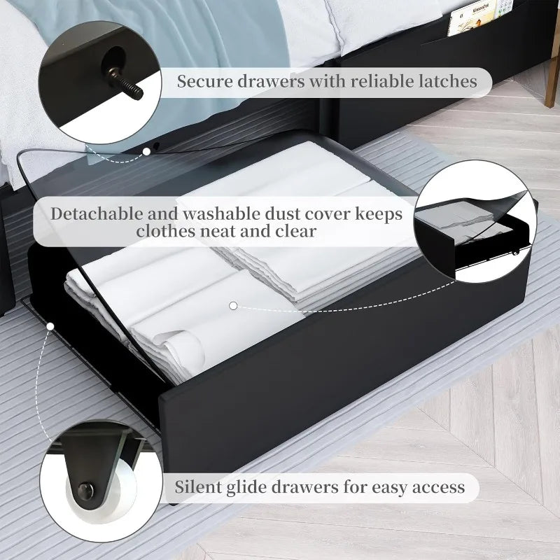 LED Bed Frame with 2 Drawers, Storage Platform Beds with Upholstered Crystal Button Tufted Headboard Footboard, 2 Side