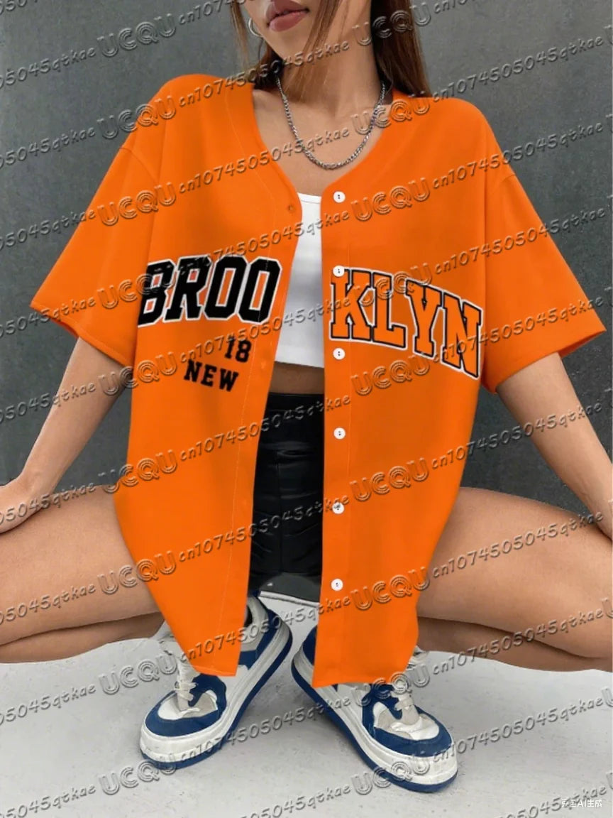 Summer Women's Baseball Jersey Brooklyn Button T-shirt Jersey Men's Short Sleeve Casual Button Streetwear Sport Top