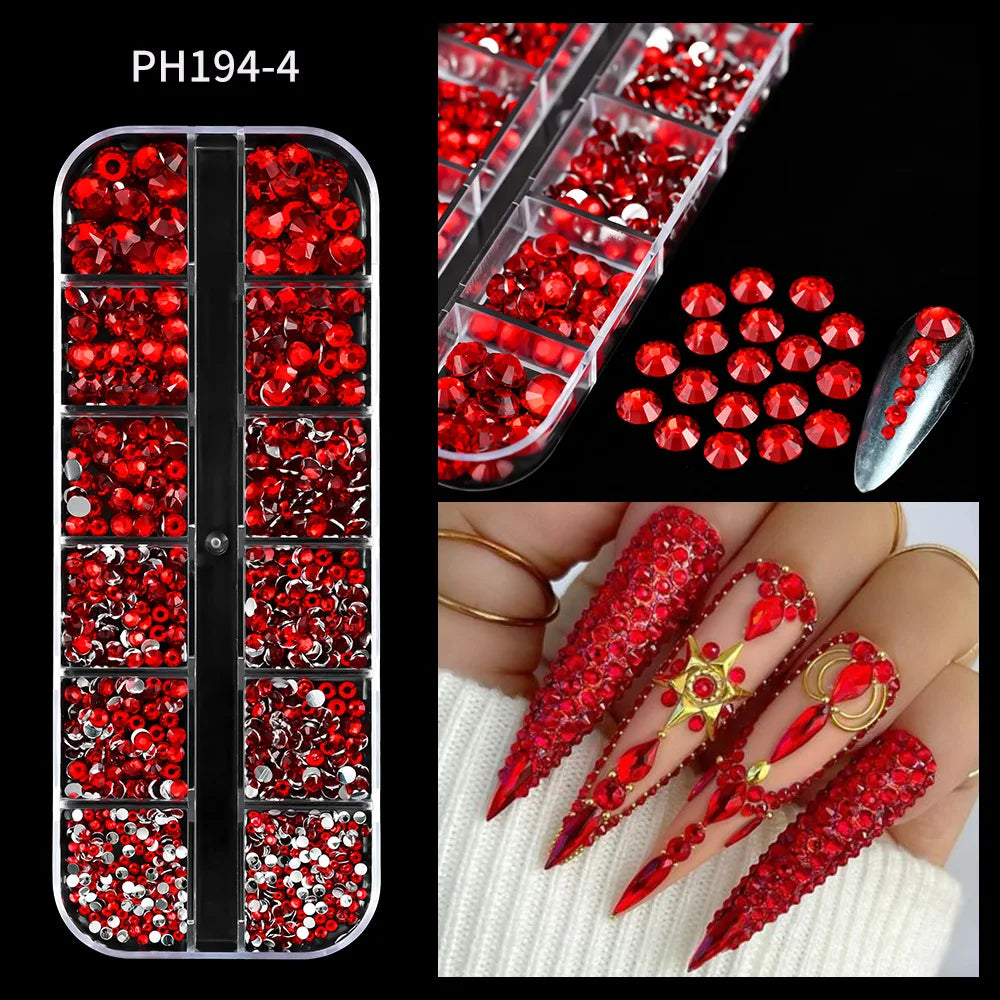 12Grids Sparkle Rose Red Crystal Rhinestones Nail Art Mixed Shape Diamonds Nail Charms Pink Blue Green AB Flatback Nail Ornament