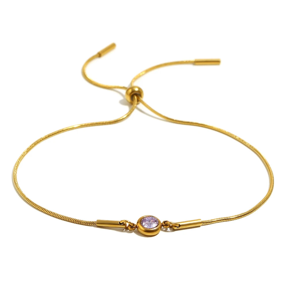E.B.belle Colorful Round Zircon Birthstone Snake Chain Adjustable Bracelet Chain Gold Plated Stainless Steel Women Chic Jewelry