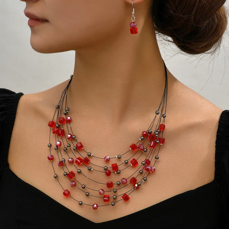 Multilayer Natural Stone Ethnic Necklace Earrings Set