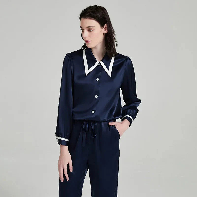 Contrast Silk Pajama Set Long-Sleeve Women's Sleepwear