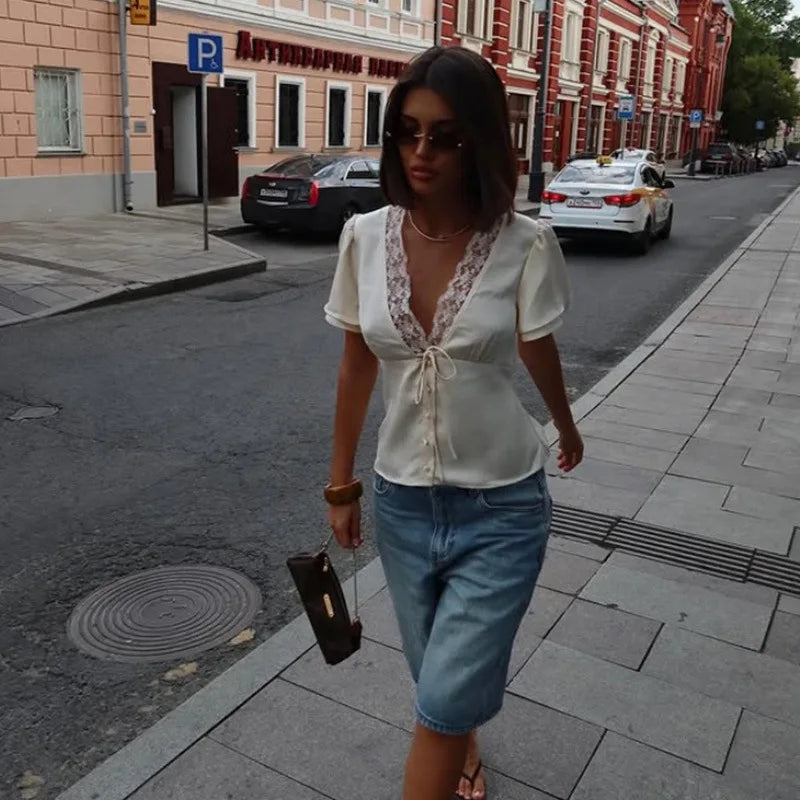 Lace Patchwork Solid Short Sleeve Tops for Women V Neck Lace Splicing Straps Skinny T-shirt Female Elegant Casual Slim Fit Tees