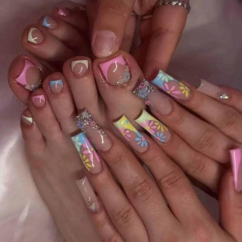 48pcs Sweet Summer Press on Nails Set Ins Beach Wearable French False Toenails Reusable Sweet Korean Flower Print Fake Nail Tips