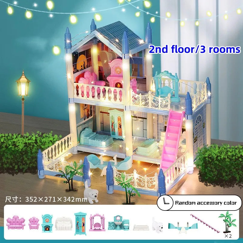 Dream Princess Castle Villa DIY 3D Assembled Doll House Set Toys With LED Ligh Furniture Puzzle Toys for Girls Birthday Gifts