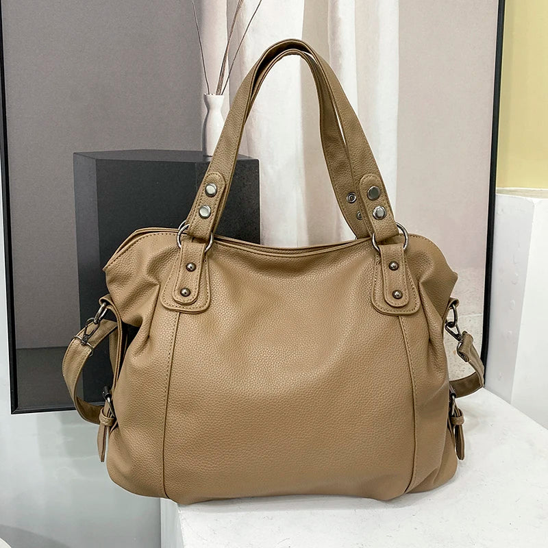 Women's Retro Roomy Shoulder Bag Quality Pu Leather Ladies Large Commuter Tote Handbag Female Luxury Black Classic Crossbody Bag