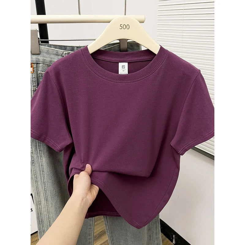 2026 Summer New High Quality Casual Plus Size T Shirt Sexy Short Sleeved Sleeves Fashion Trend Solid Women Clothing Y2k Tops