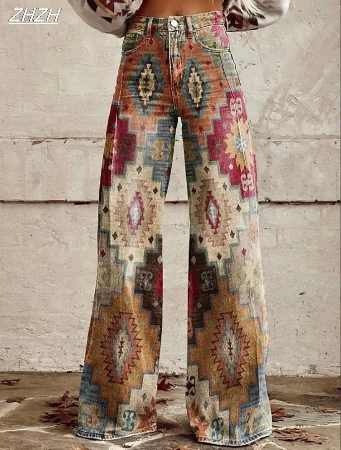 Retro Vintage Boho 1970s Pants Wide Legged Pants Hippie Disco High Waist Floral Faux Jeans Style Women's Festival Retro Pants