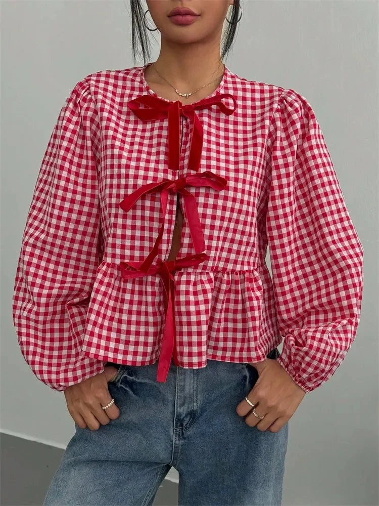 Plaid Lantern Long Sleeve Blouse for Women Spring Autumn Y2K Clothes Sweet Style Loose Knot Front Round Neck Top Streetweawr