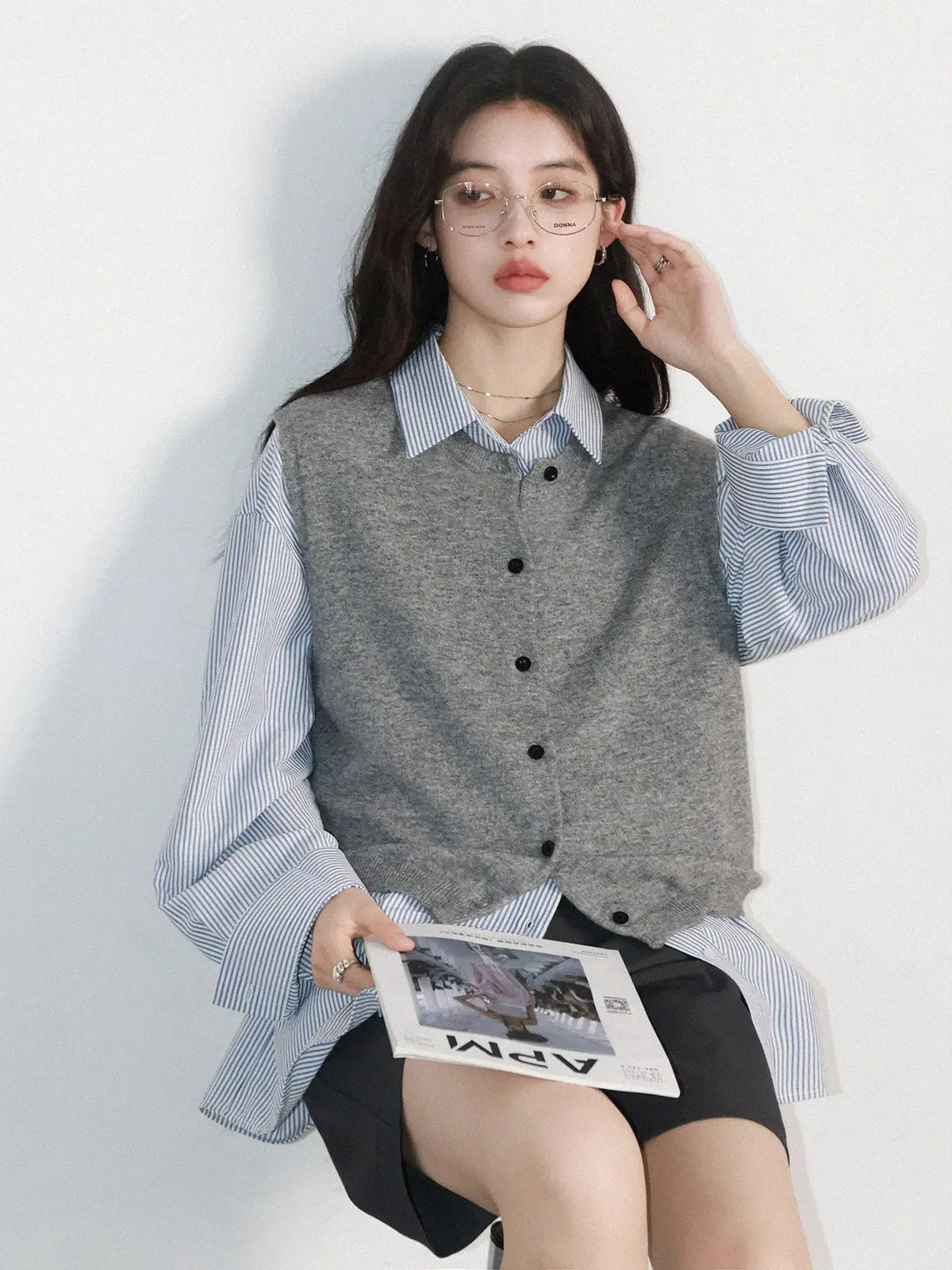 Striped Embroidered Long-Sleeve Blouse