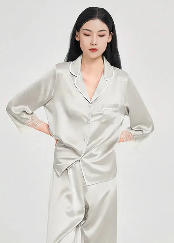 Mulberry Silk Pajama Set with Lace Trim 3-Piece Loungewear