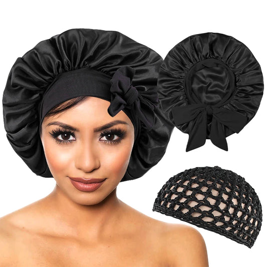 Satin Bonnet Silky Night Sleeping Cap with Stretchy Tie Band - 2pcs