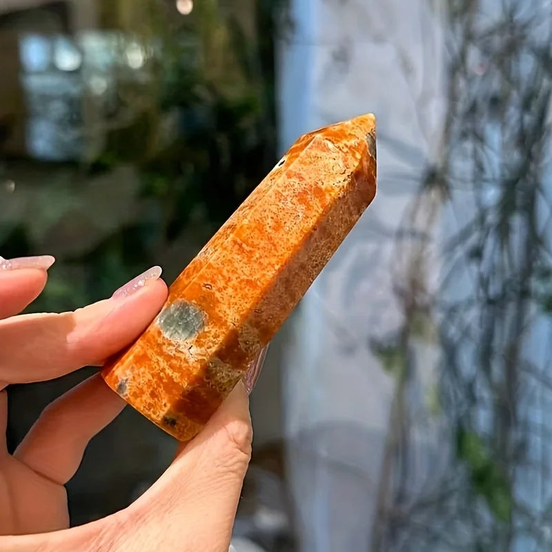 One Piece of Unique Blue Apatite Combined with Sunstone in a Crystal Tower Form - a Natural Gradient from Orange to Blue