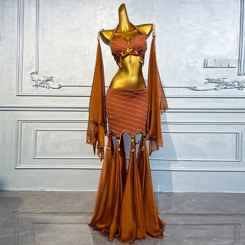 Belly Dance Costume Women Customized Luxury Rhinestone High-end Satin Performance Set Girls' Oriental Dance Competition Clothing